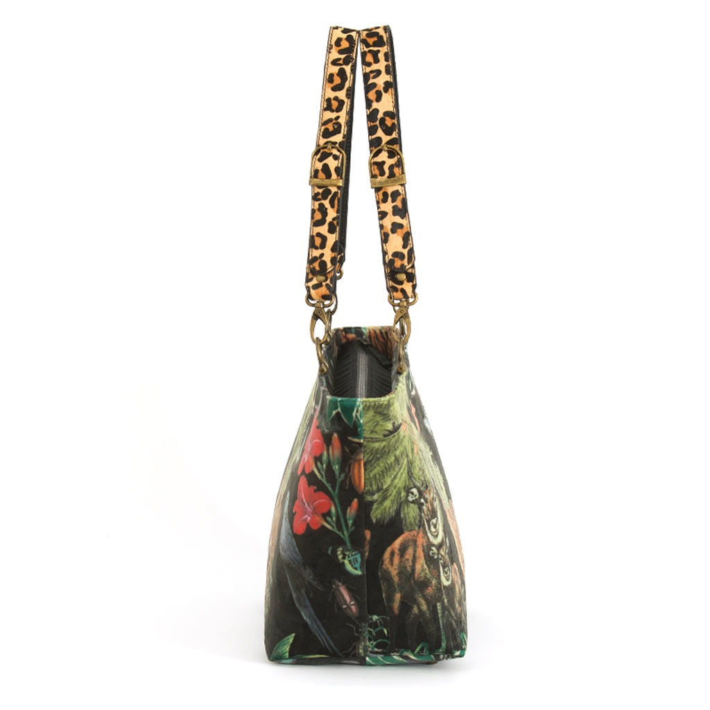 Side view of Velvet Tiger Shoulder Bag featuring sumptuous velvet with striking tiger stripes and leopard print leather straps by Umpie Handbags
