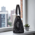 Side profile of tiger-print handbag showcasing 16cm base width, firm structured construction, metal protective feet and elegant proportions by Umpie Handbags