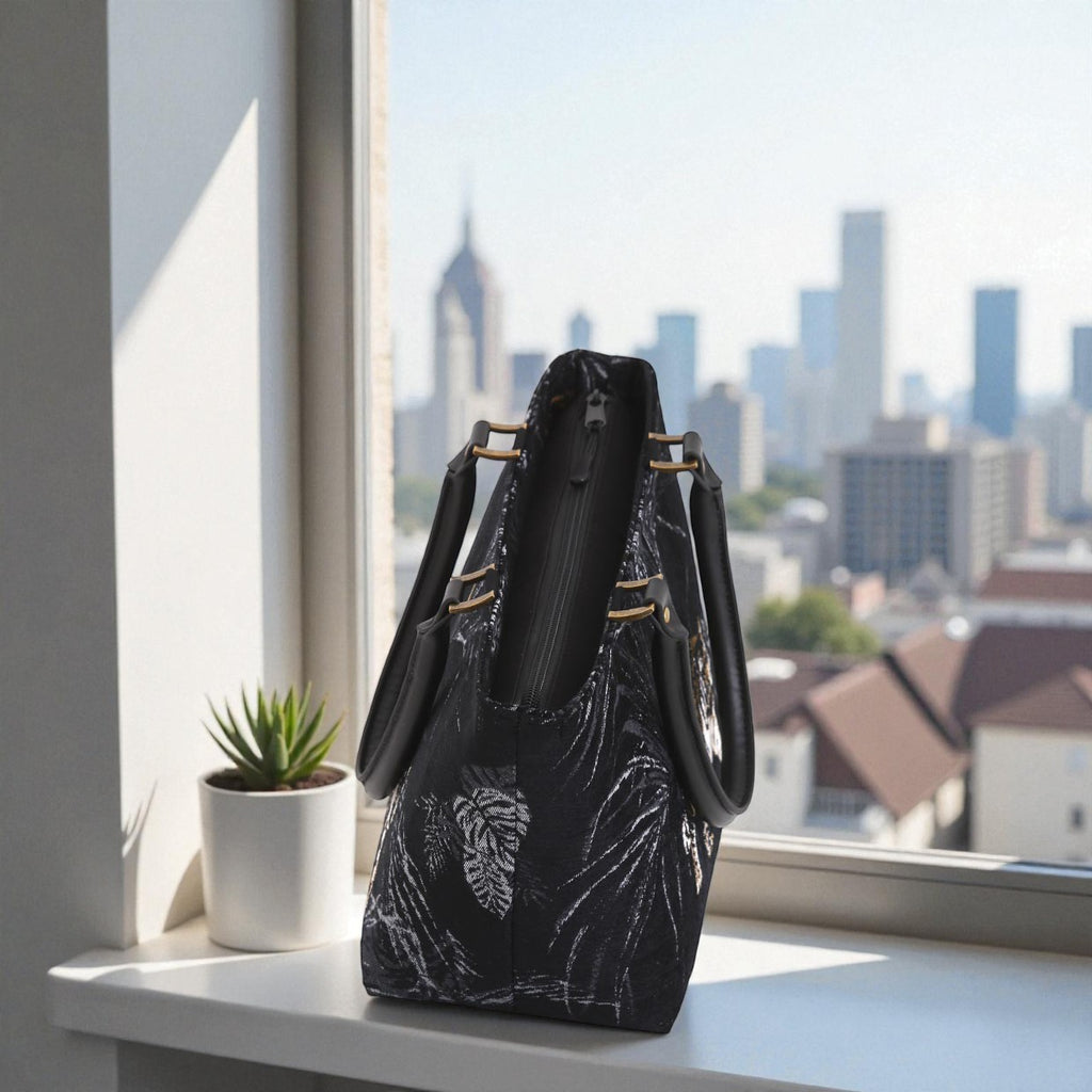 Tiger handbag zip-top closure detail revealing spacious fully-lined interior with inner pockets, premium  zipper, hardware and quality construction by Umpie Handbags