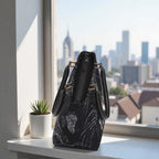 Tiger handbag zip-top closure detail revealing spacious fully-lined interior with inner pockets, premium  zipper, hardware and quality construction by Umpie Handbags