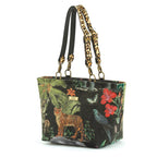 Front view of Velvet Tiger Shoulder Bag featuring sumptuous velvet with striking tiger stripes and leopard print leather straps by Umpie Handbags