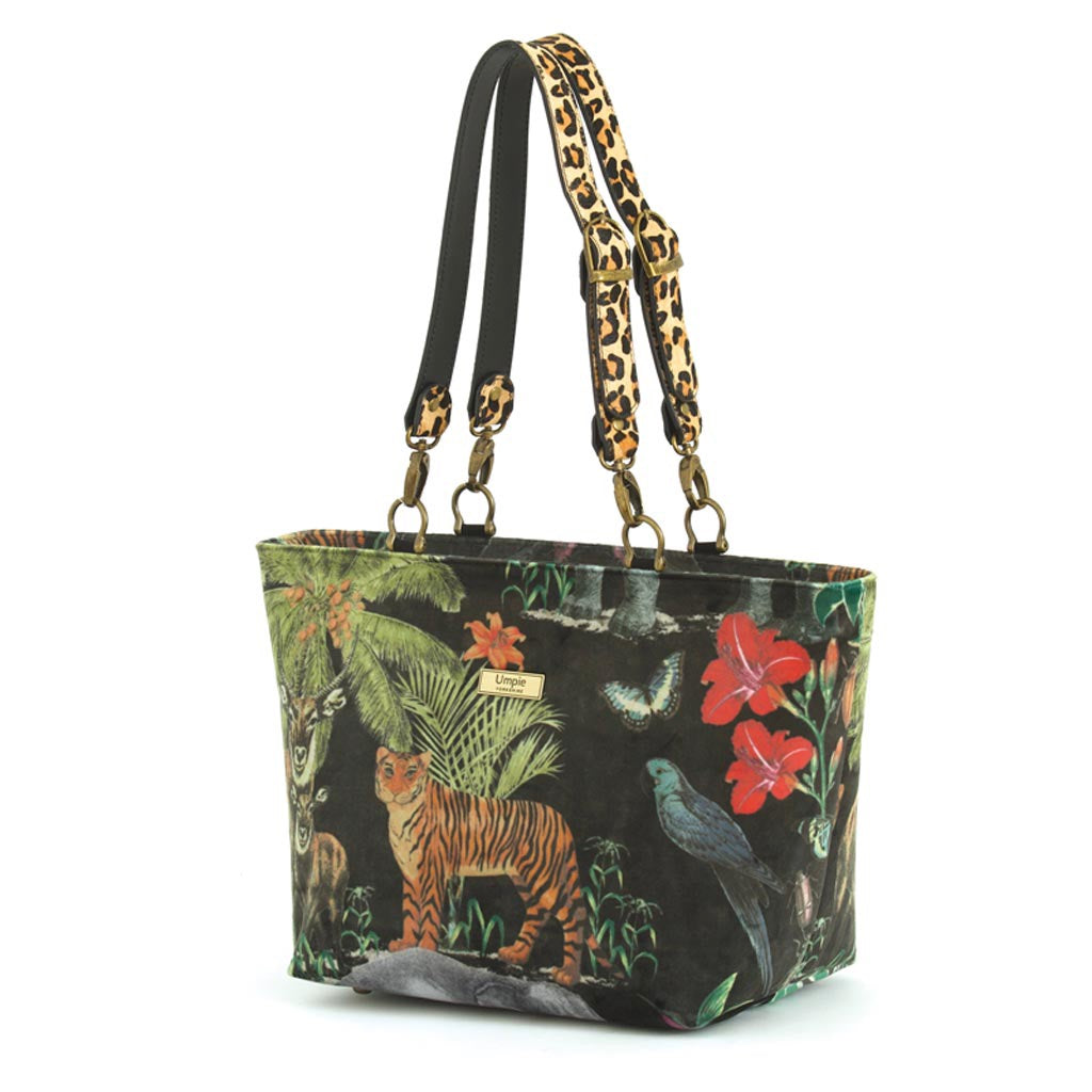 Front view of Velvet Tiger Shoulder Bag featuring sumptuous velvet with striking tiger stripes and leopard print leather straps by Umpie Handbags