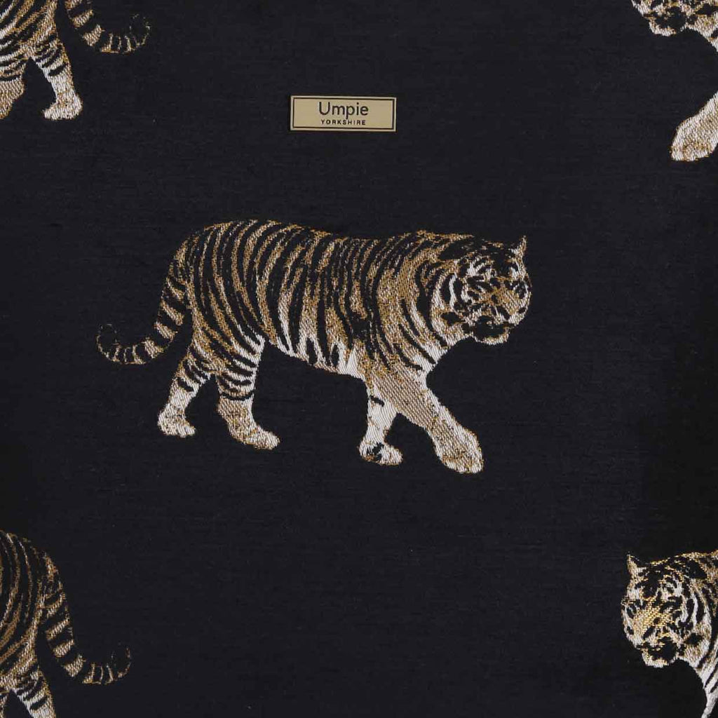Close-up of tiger print tapestry showing intricate weave and bold artistic detail by Umpie Handbags