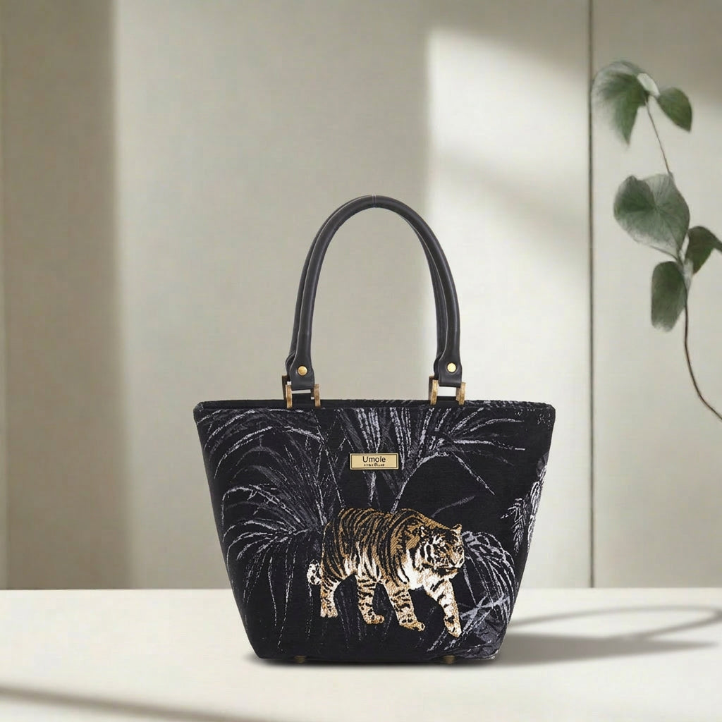 Front view of Tiger Handbag featuring striking tiger stripes on rich tapestry fabric by Umpie Handbags