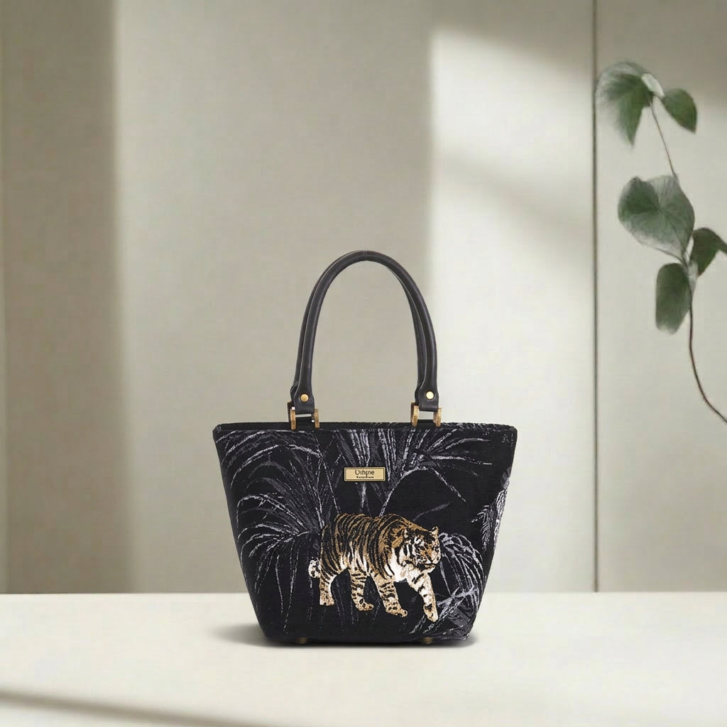 Front view of Tiger Handbag featuring striking tiger stripes on rich tapestry fabric by Umpie Handbags