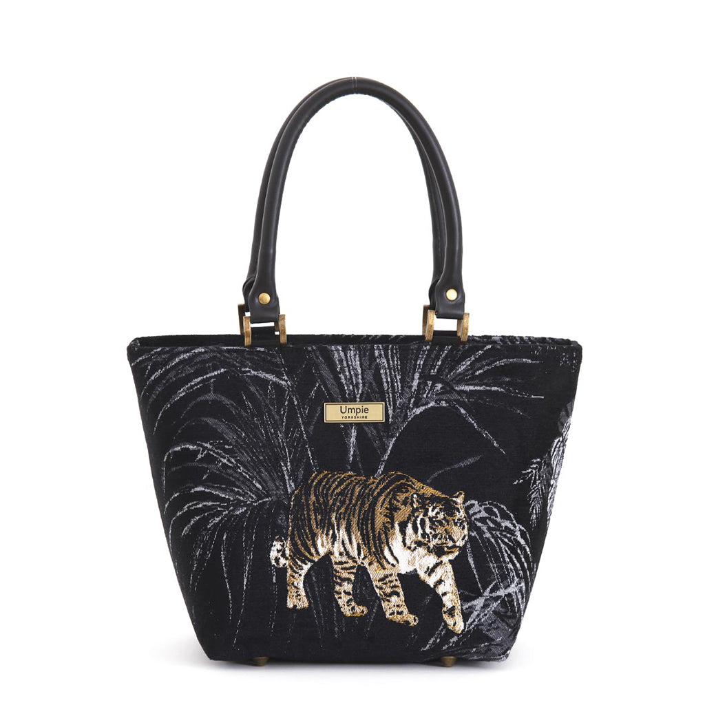 Front view of Tiger Handbag featuring striking tiger stripes on rich tapestry fabric by Umpie Handbags