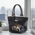 Tiger handbag in vibrant gold and black tapestry fabric with premium black leather handles, structured silhouette and artisan British craftsmanship by Umpie Handbags
