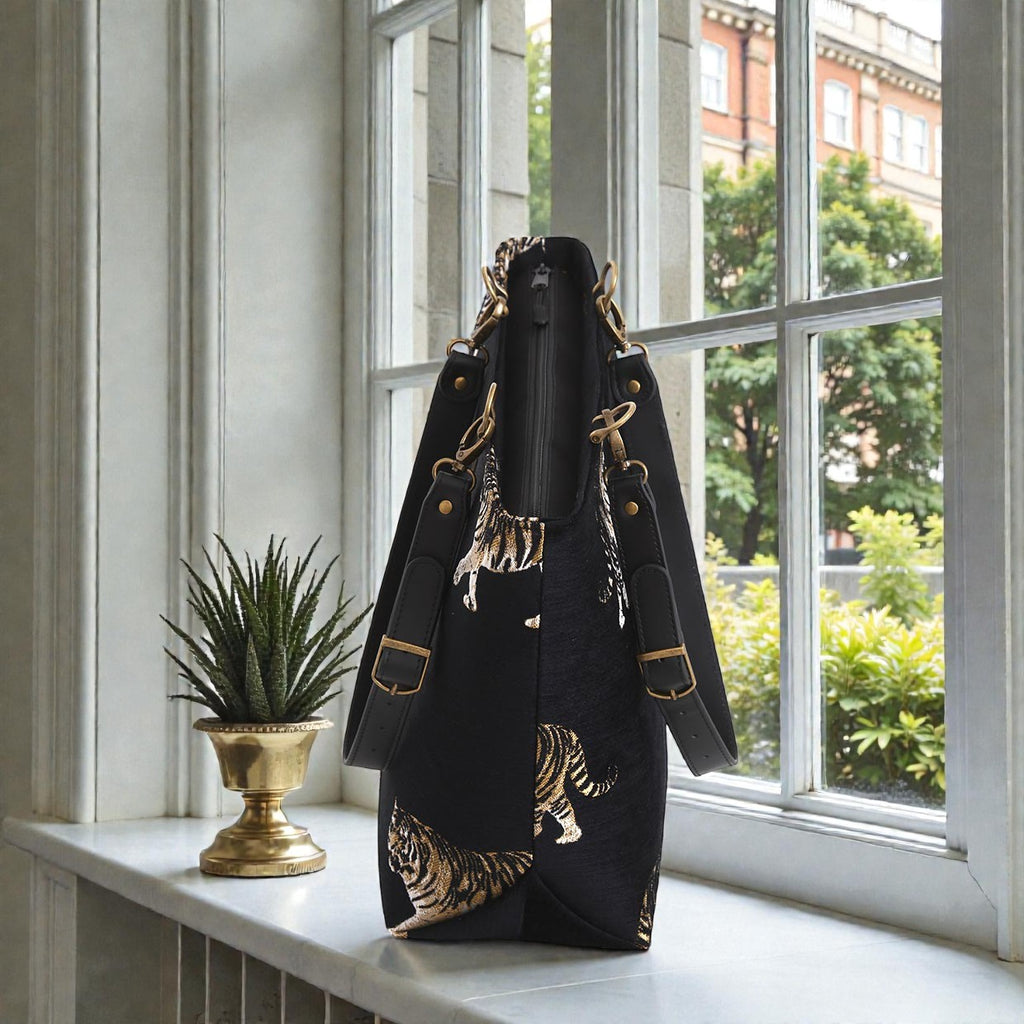 Top zip detail of Tiger Tote Bag revealing spacious interior and secure closure by Umpie Handbags