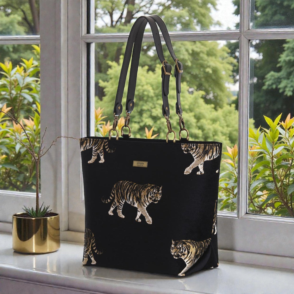 Front view of Tiger Tote Bag featuring striking tiger motifs on rich tapestry fabric by Umpie Handbags