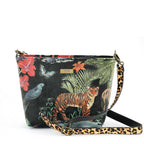 Front view of the luxurious printed velvet tiger crossbody bag with leopard print leather strap showing rich texture and exotic pattern by Umpie Handbags
