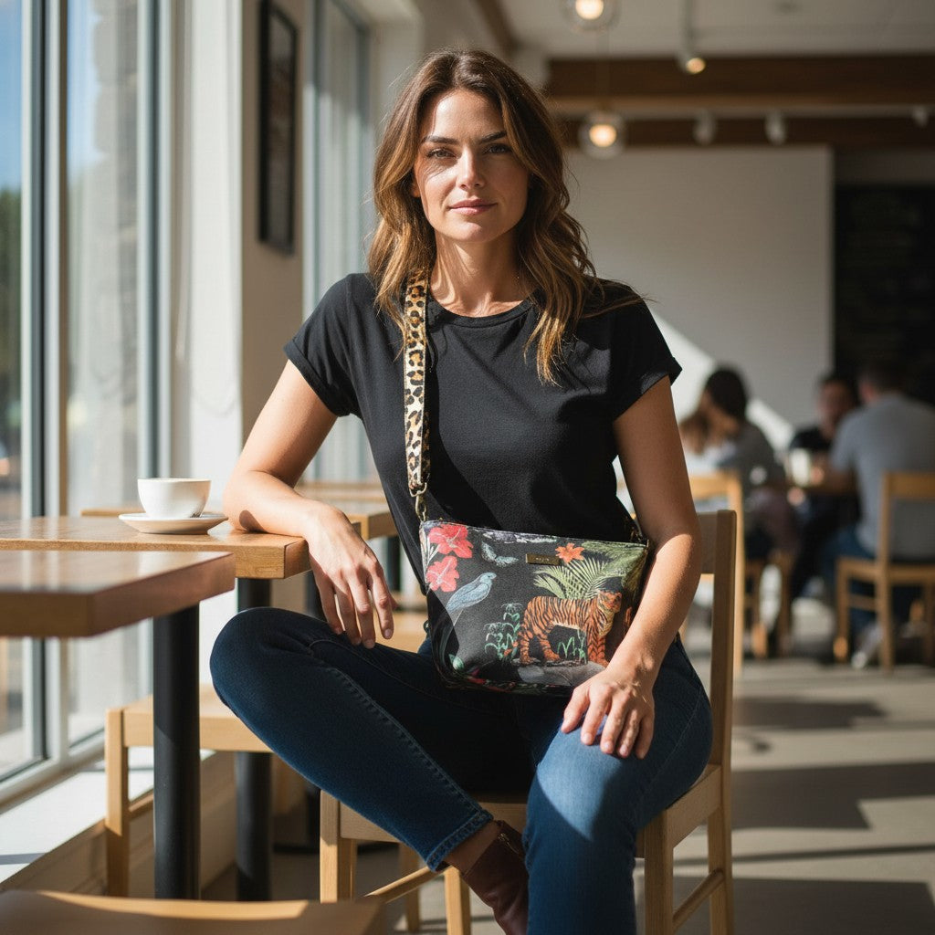 Luxurious printed velvet tiger crossbody bag with leopard print leather strap showing rich texture and exotic pattern by Umpie Handbags