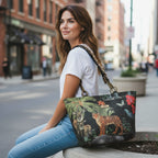 Velvet Tiger Shoulder Bag worn on shoulder showing bold tiger print velvet and leopard leather straps by Umpie Handbags