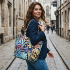Model walking in York wearing the Toucan Tapestry shoulder Bag by Umpie Handbag
