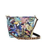 Front view of Tropical Tapestry Crossbody Bag on white background, richly woven toucan and jungle foliage tapestry on black with leopard print leather strap, by Umpie Handbags