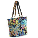 Tropical Toucan Shoulder Bag on white background showing back view, spacious structured body and leopard print leather handles with antique gold ring hardware, by Umpie Handbags