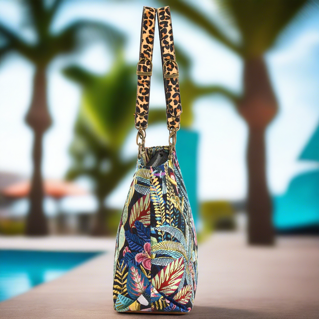 The Floral Tote Bag with leopard print leather straps