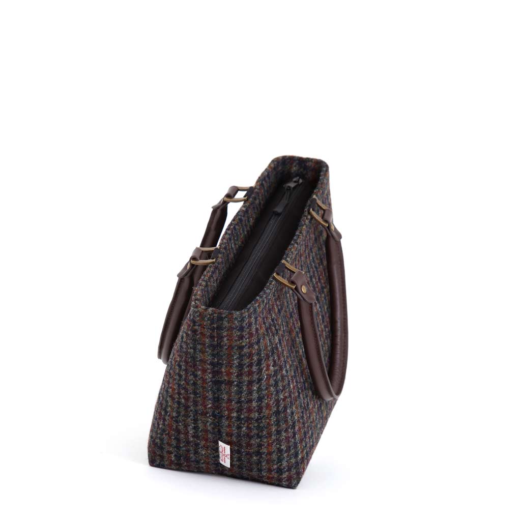 Harris Tweed Handbag with brown leather handles, by Umpie Handbags - zip-top view
