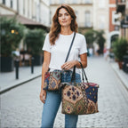 Two piece Weekend Travel Set, crossbody bag and holdall in kilim style canvas with black leather straps, by Umpie Handbags
