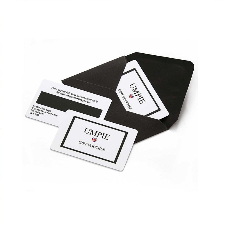 Umpie Handbags physical gift voucher card with black envelope by Umpie Handbags