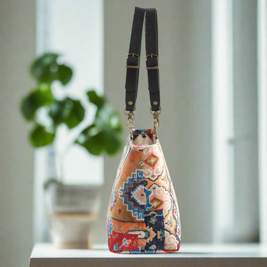 Velvet Shoulder Bag side profile displaying elegant proportions and Kilim pattern with leather handles by Umpie Handbags