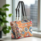 Velvet Kilim Shoulder Bag back view showing premium construction and black leather strap attachment by Umpie Handbags