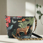 Front view of the luxurious printed velvet tiger crossbody bag with leopard print leather strap showing rich texture and exotic pattern by Umpie Handbags