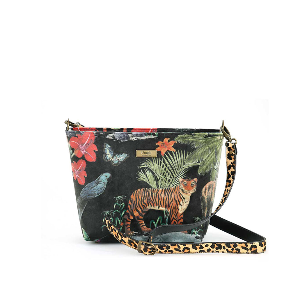 Front view of the luxurious printed velvet tiger crossbody bag with leopard print leather strap showing rich texture and exotic pattern by Umpie Handbags


