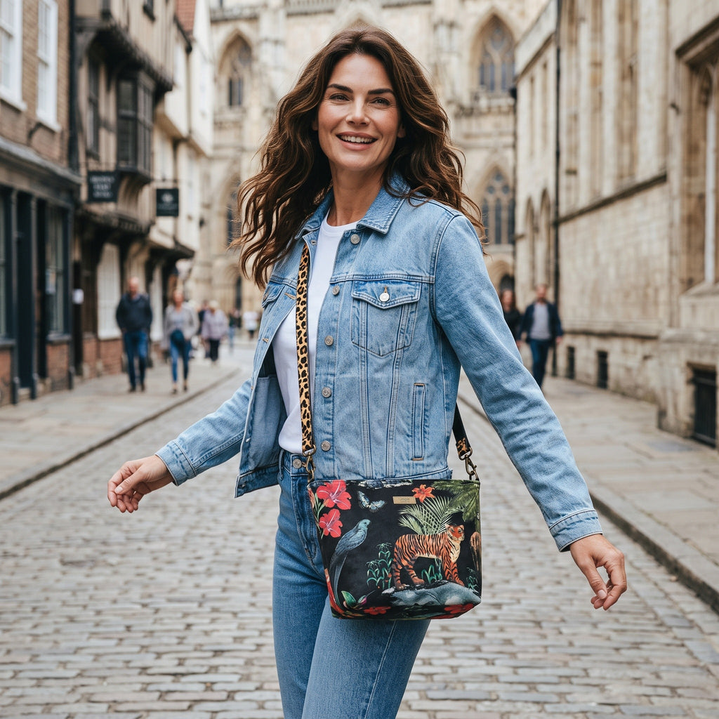 Luxurious printed velvet tiger crossbody bag with leopard print leather strap showing rich texture and exotic pattern by Umpie Handbags