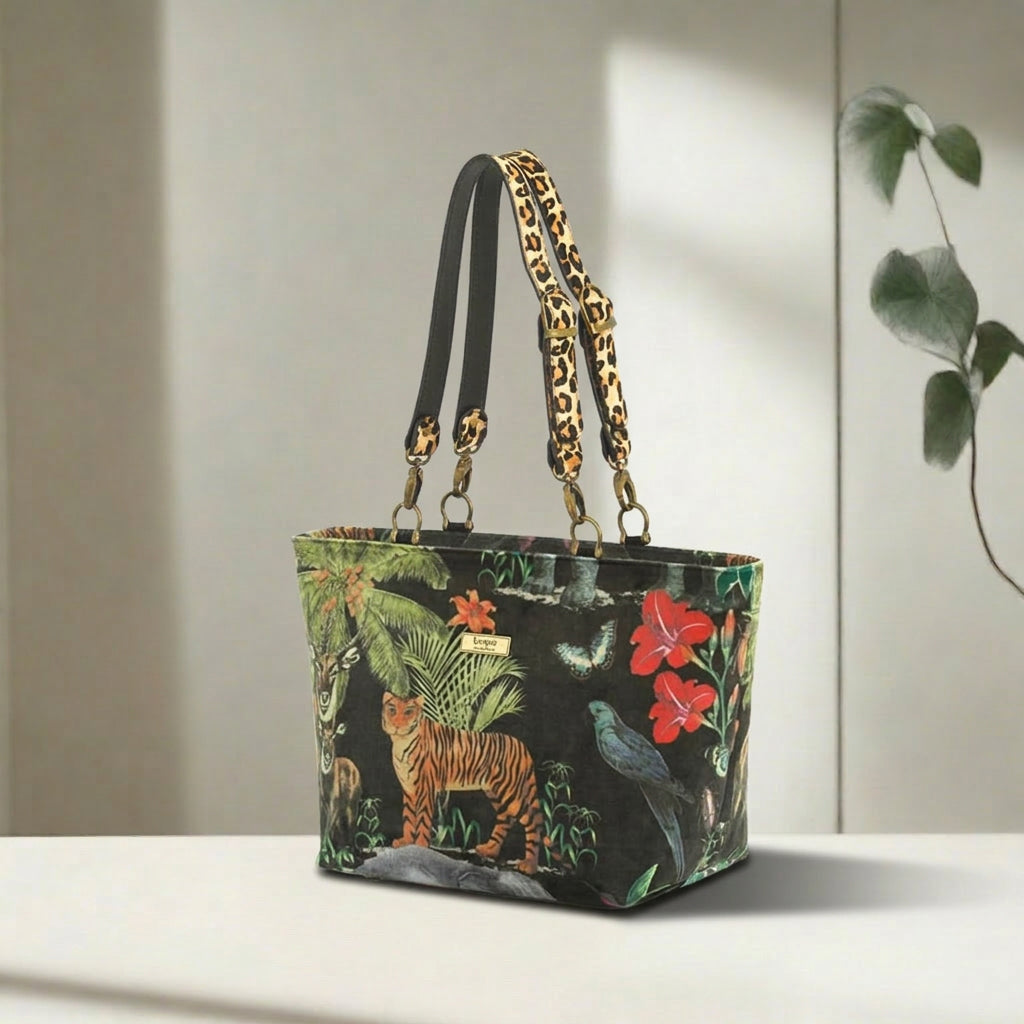 Front view of Velvet Tiger Shoulder Bag featuring sumptuous velvet with striking tiger stripes by Umpie Handbags