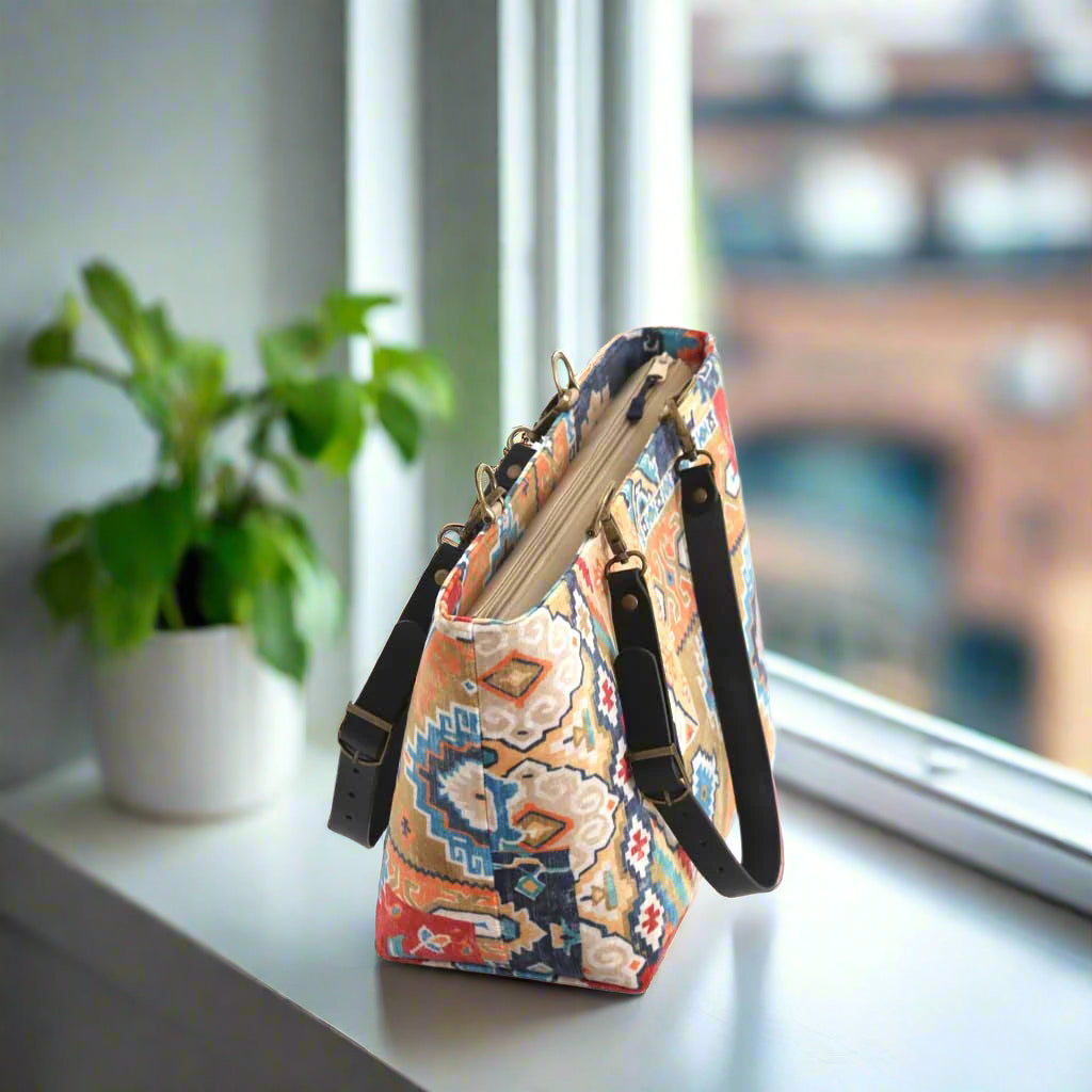 Velvet Kilim Shoulder Bag zip closure detail - secure top opening with premium hardware and leather trim by Umpie Handbags