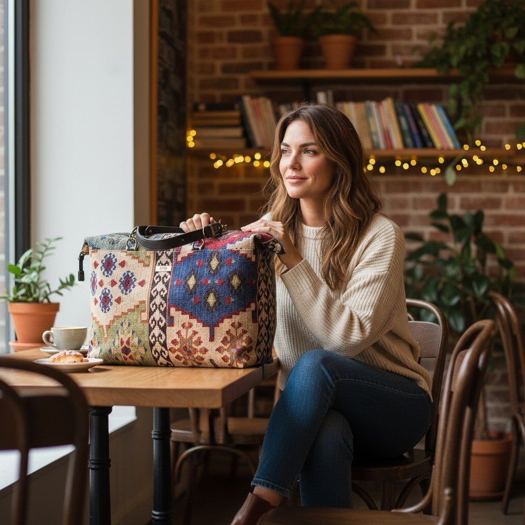 Kilim canvas weekend bag with rich geometric patterns and adjustable black straps, individually crafted in Yorkshire by Umpie Handbags