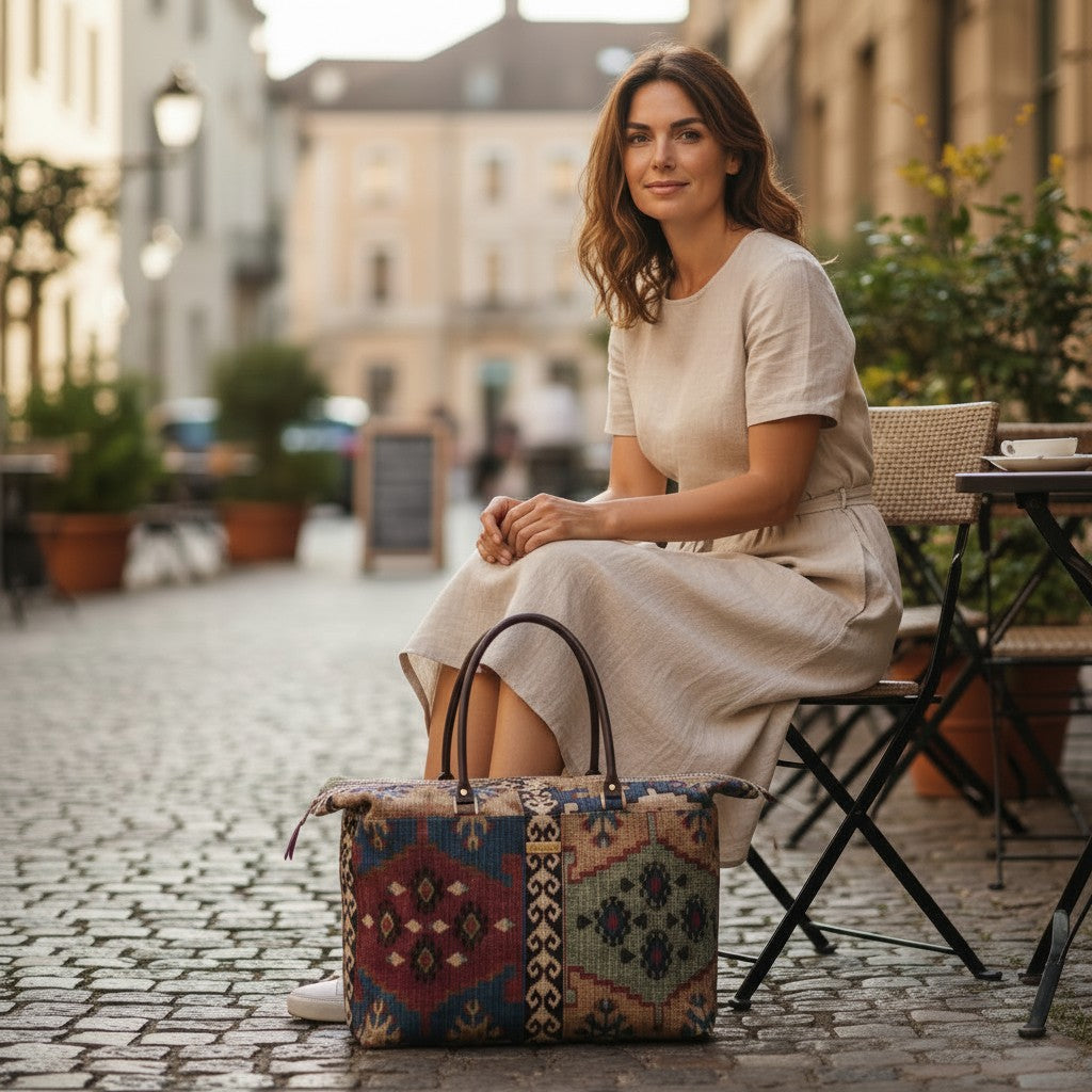 Model carrying the Canvas Weekend Bag, Kilim Design. Showcasing multicoloured, authentic kilim print with brown leather handles. Handcrafted in Yorkshire by Umpie Handbags