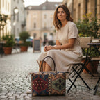 Model carrying the Canvas Weekend Bag, Kilim Design. Showcasing multicoloured, authentic kilim print with brown leather handles. Handcrafted in Yorkshire by Umpie Handbags