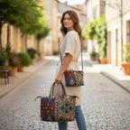 Kilim weekend travel set featuring rich geometric patterns in navy, wine and taupe with coordinated weekender bag and crossbody bag, handcrafted with premium brown leather straps by Umpie Handbags