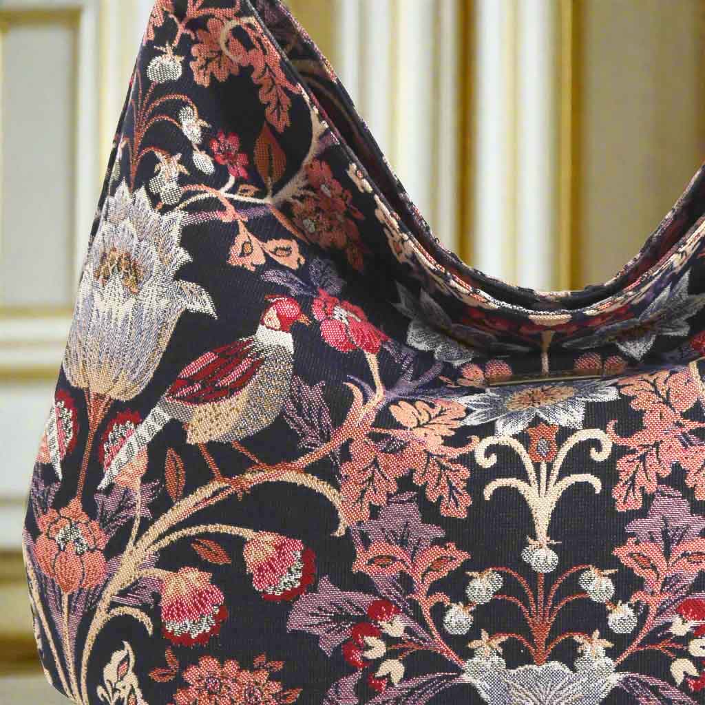 William Morris Hobo Bag - close-up detail of luxurious brocade fabric featuring Arts and Crafts-inspired floral motifs by Umpie Handbags
