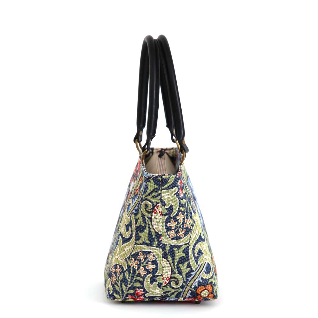 Side view of William Morris Handbag showing exquisite Golden Lily tapestry design by Umpie Handbags