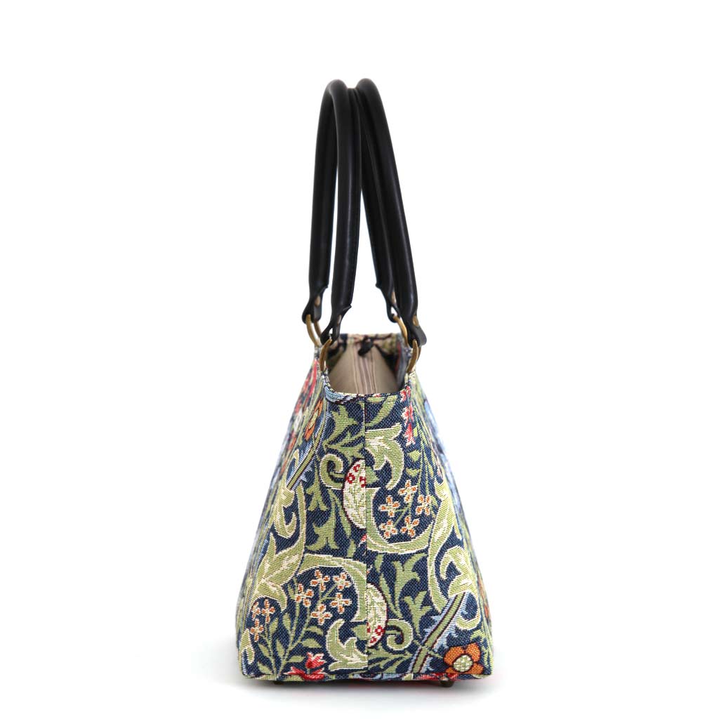 William Morris handbag Golden Lily tapestry fabric with black leather handles, by Umpie Handbags - side view