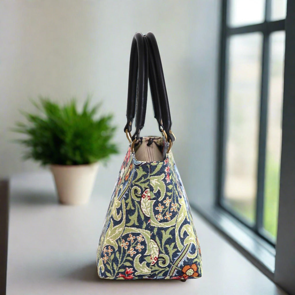 William Morris handbag Golden Lily tapestry fabric with black leather handles, by Umpie Handbags - side view