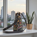 Side profile of William Morris crossbody bag displaying structured silhouette and rich botanical tapestry with black leather accents by Umpie Handbags
