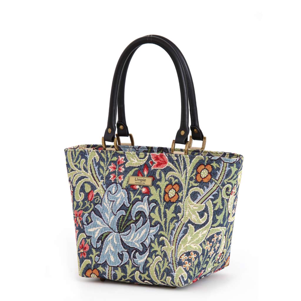 William Morris handbag Golden Lily tapestry fabric with black leather handles, by Umpie Handbags
