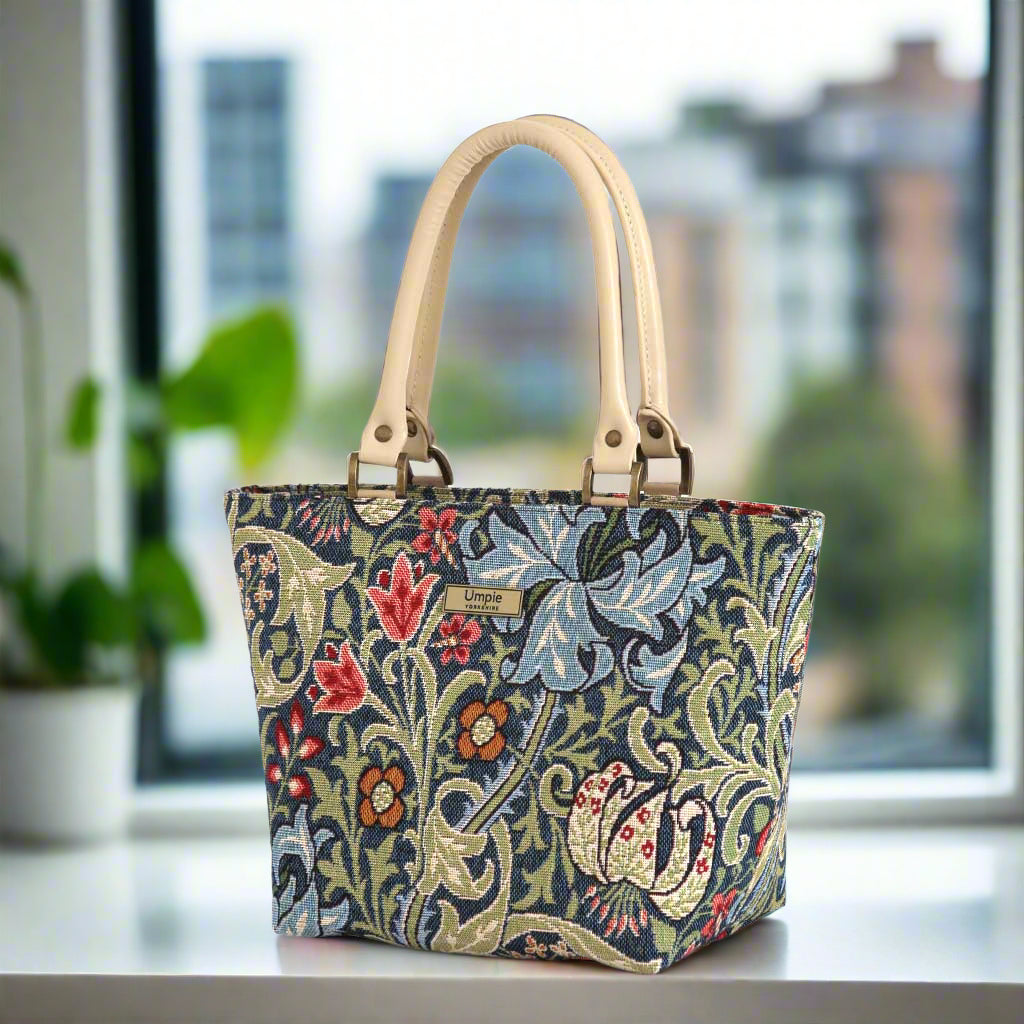 William Morris, Golden Lily design Handbag, handcrafted in Yorkshire in tapestry fabric with leather handles by Umpie Handbags