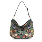 Front view of William Morris Hobo Bag featuring Strawberry Thief pattern with thrushes and botanical blooms by Umpie Handbags