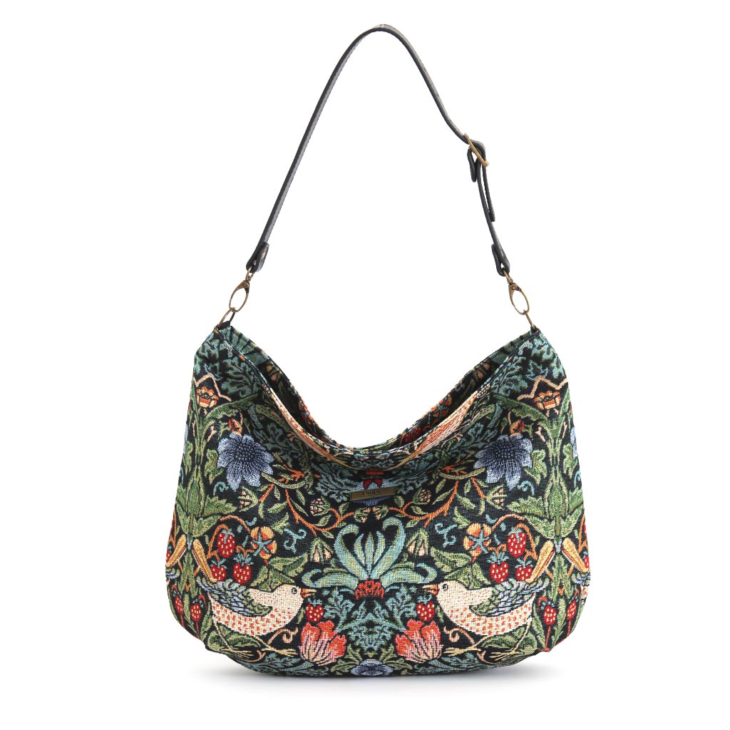 Front view of William Morris Hobo Bag featuring Strawberry Thief pattern with thrushes and botanical blooms by Umpie Handbags