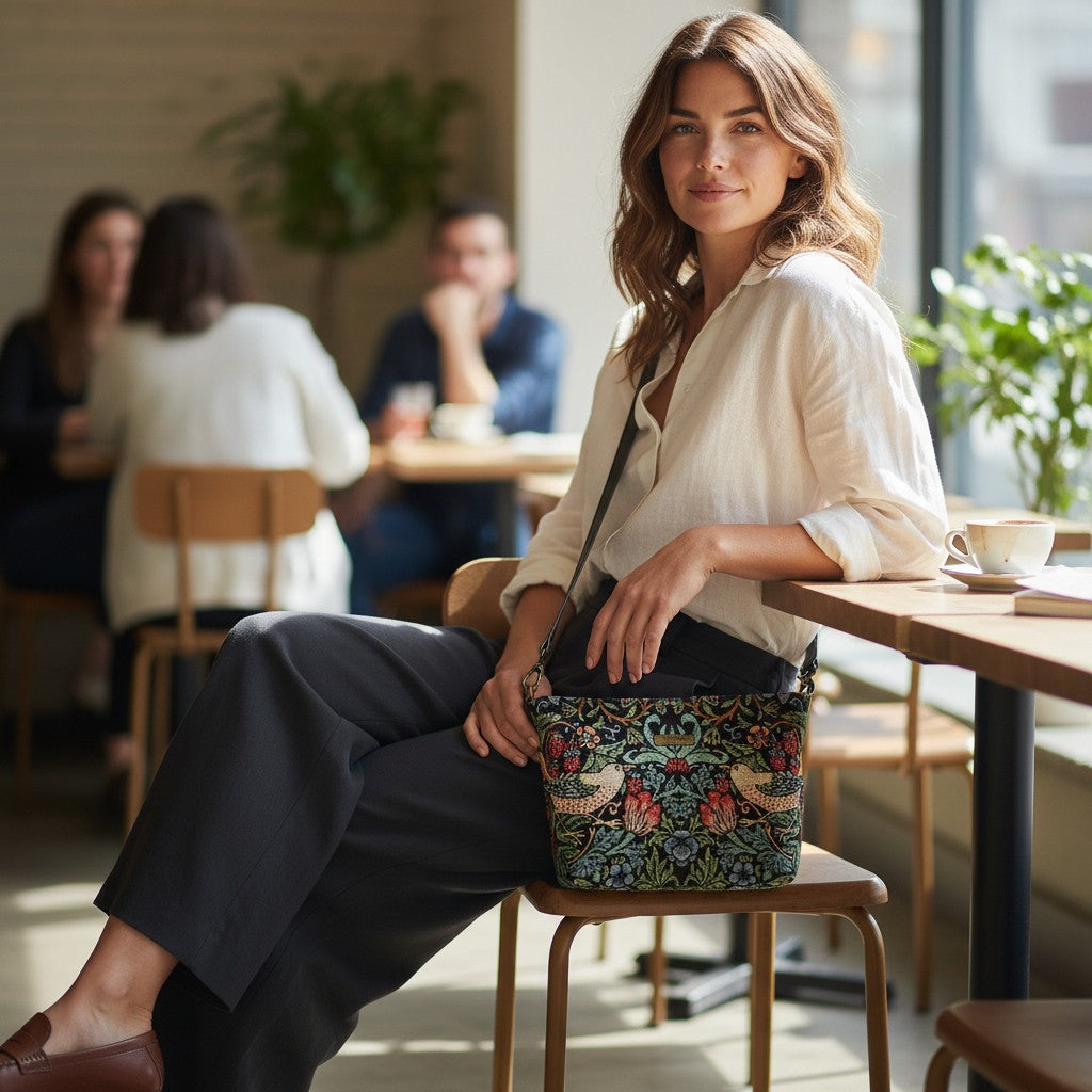 William Morris Crossbody Bag worn across body showing iconic Strawberry Thief tapestry design and black leather strap by Umpie Handbags