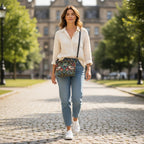 William Morris Crossbody Bag worn across body showing iconic Strawberry Thief tapestry design and black leather strap by Umpie Handbags