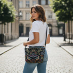 Woman wearing William Morris botanical crossbody bag in Victorian tapestry with adjustable black leather strap, hands-free elegance by Umpie Handbags
