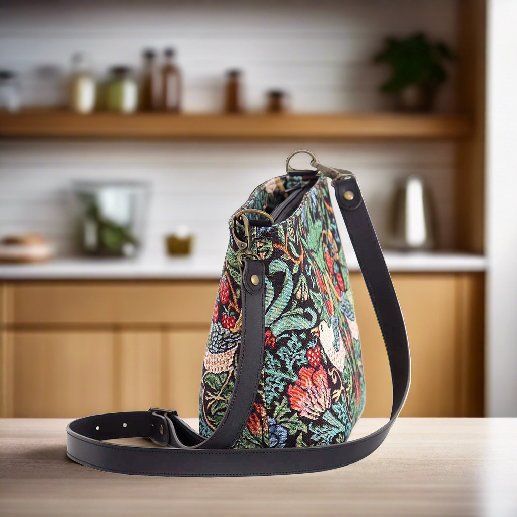 William Morris Crossbody Bag Side Profile - Iconic Strawberry Thief Design with Premium Black Leather Adjustable Strap