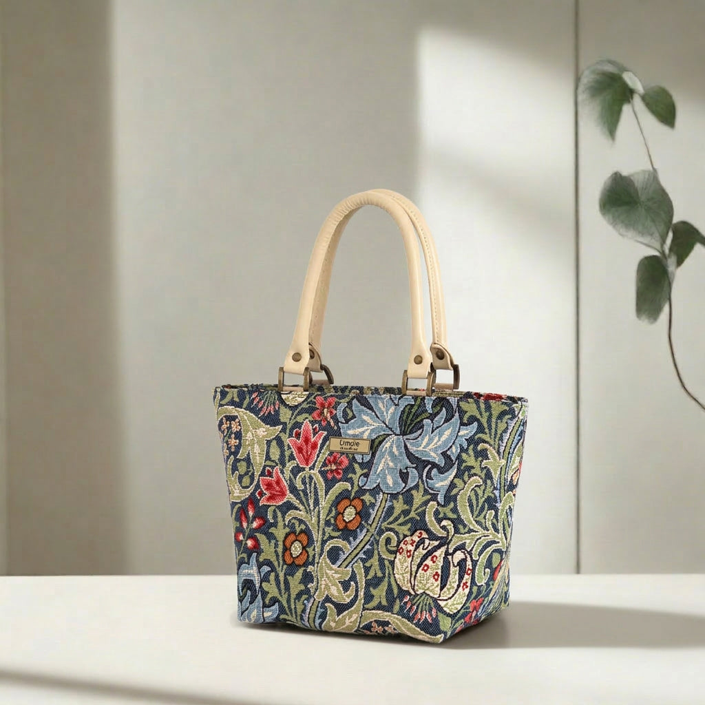 William Morris Handbag showing exquisite Golden Lily tapestry design by Umpie Handbags