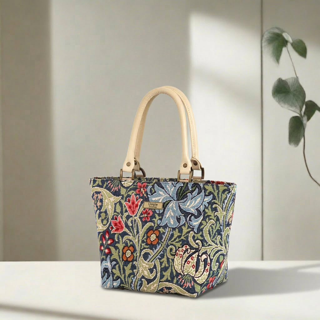 William Morris Handbag showing exquisite Golden Lily tapestry design by Umpie Handbags
