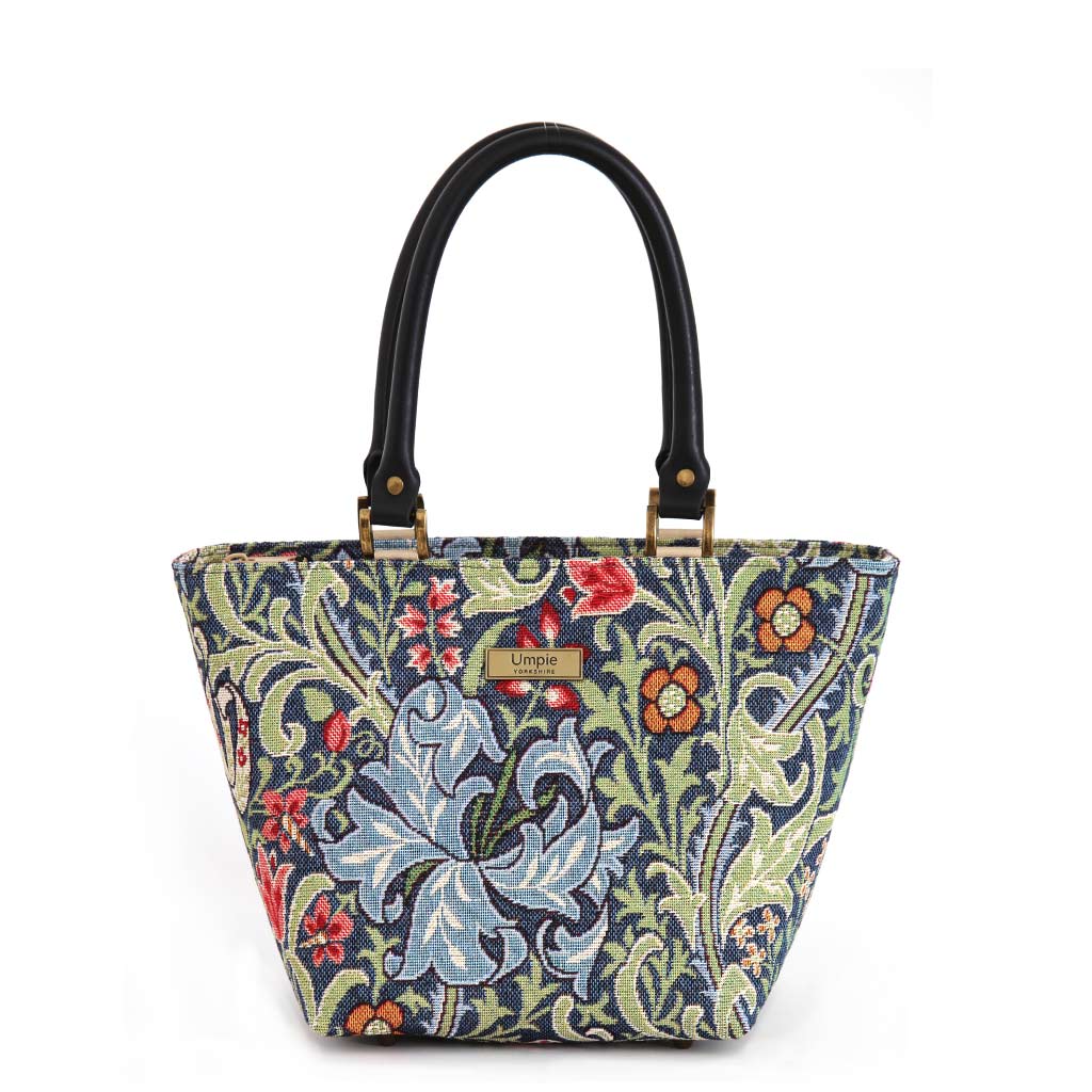 Front view of William Morris Handbag showing exquisite Golden Lily tapestry design by Umpie Handbags